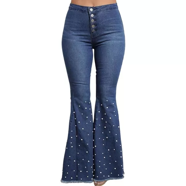 CHARTOU Women Beaded Pearl High Waist Wide Leg Denim Jeans Distressed 5 Buttons Bell Bottom Pants