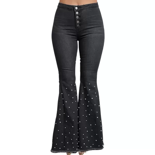 CHARTOU Women Beaded Pearl High Waist Wide Leg Denim Jeans Distressed 5 Buttons Bell Bottom Pants