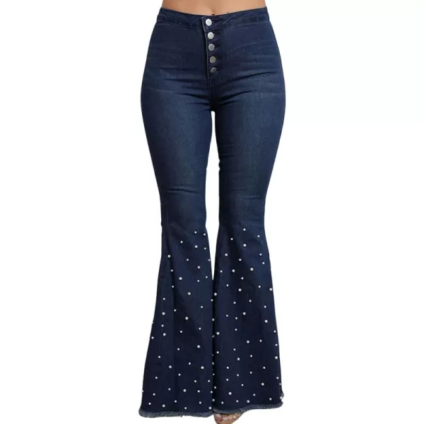 CHARTOU Women Beaded Pearl High Waist Wide Leg Denim Jeans Distressed 5 Buttons Bell Bottom Pants