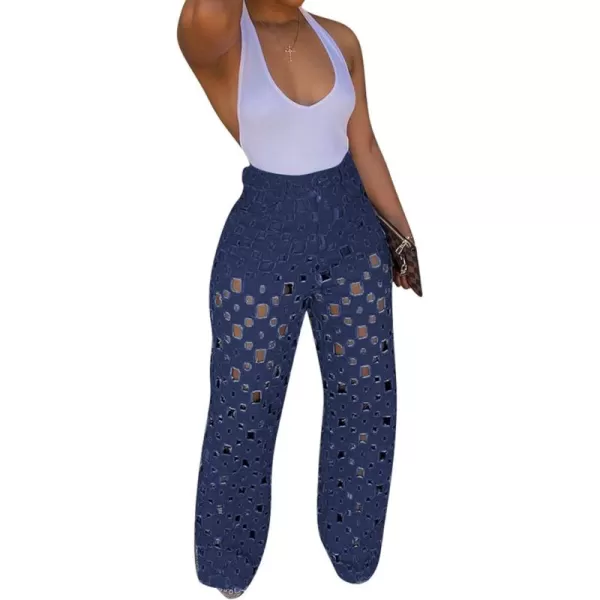 CHARTOU Women Chic High Waisted Hollow Out Denim Pants Cutout Ripped Jeans Wide Leg Party Night Out Punk