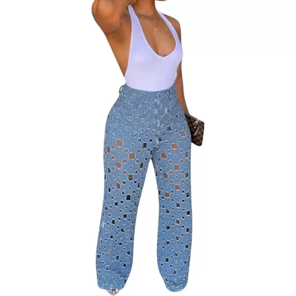 CHARTOU Women Chic High Waisted Hollow Out Denim Pants Cutout Ripped Jeans Wide Leg Party Night Out Punk