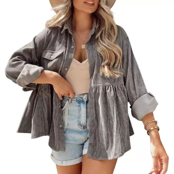CHARTOU Women Corduroy Shirt Jacket Waffle Knit Shacket Peplum Babydoll Top Button Down Shirt Blouse