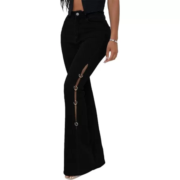 CHARTOU Women High Waisted Cutout Becket Flare Jeans Denim Palazzo Pants Wide Leg Jeans