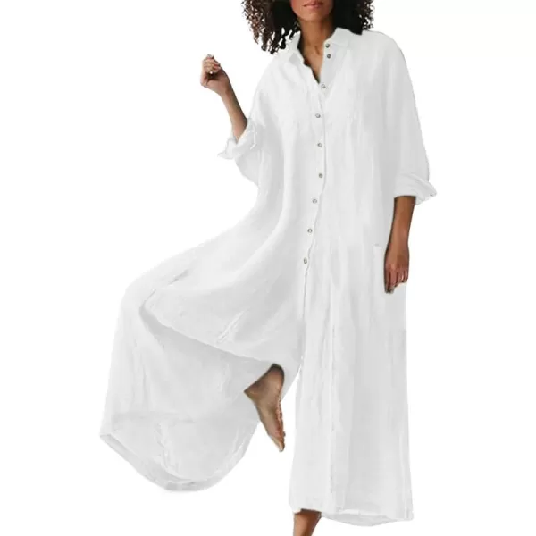 CHARTOU Women Linen Button Down Long Sleeve Wide Leg Jumpsuit Beach Palazzo Pants One Piece Jumpsuit