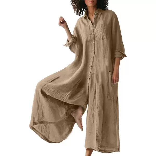 CHARTOU Women Linen Button Down Long Sleeve Wide Leg Jumpsuit Beach Palazzo Pants One Piece Jumpsuit