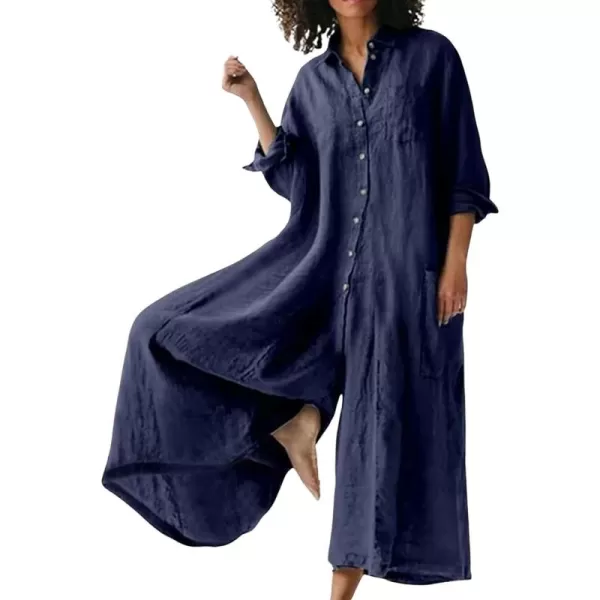 CHARTOU Women Linen Button Down Long Sleeve Wide Leg Jumpsuit Beach Palazzo Pants One Piece Jumpsuit