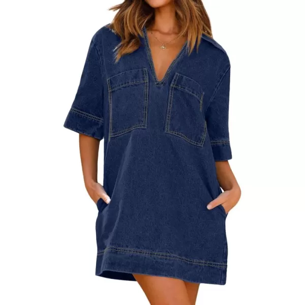 CHARTOU Women Loose Denim Dress Short Sleeve Casual Summer Dress Turn Down Pullover Vintage Tunic Jean Dress