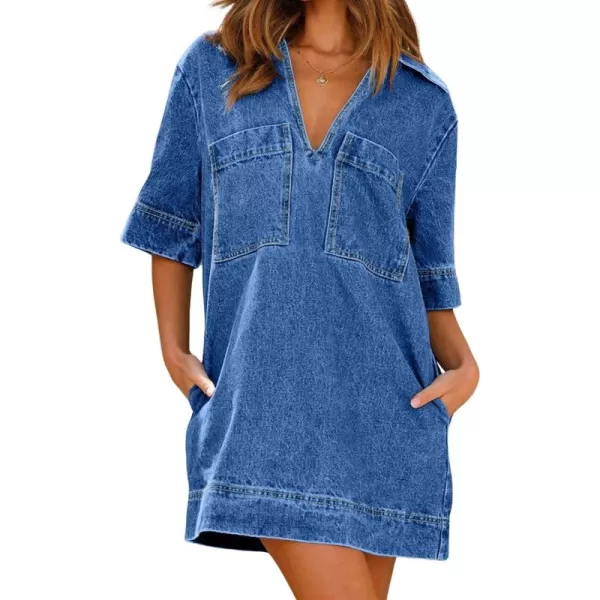 CHARTOU Women Loose Denim Dress Short Sleeve Casual Summer Dress Turn Down Pullover Vintage Tunic Jean Dress