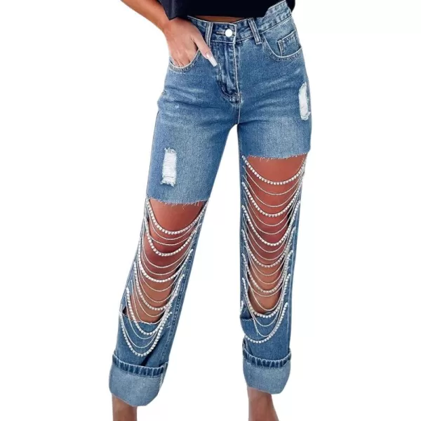 CHARTOU Women Ripped Jeans Straight Leg Denim Pants Cut Out Distressed Chain Rhinestone Jeans with Holes Y2k