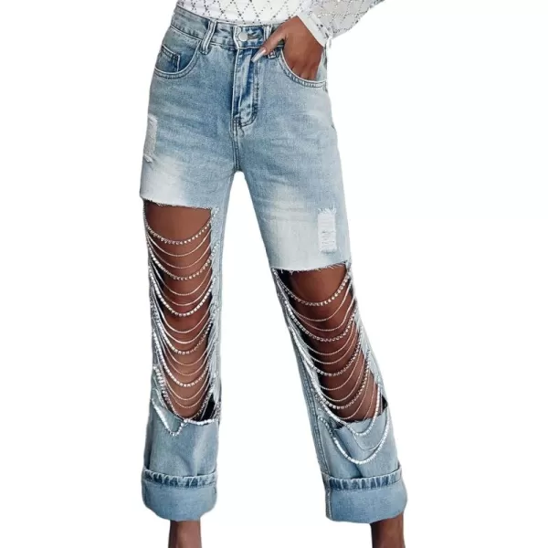 CHARTOU Women Ripped Jeans Straight Leg Denim Pants Cut Out Distressed Chain Rhinestone Jeans with Holes Y2k