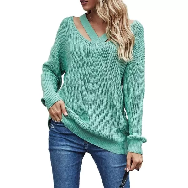 CHARTOU Women Sexy Cut Out V Neck Waffle Knit Sweater Tops Long Sleeve Oversized Sweater Pullover