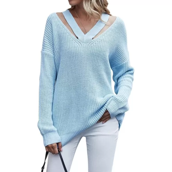CHARTOU Women Sexy Cut Out V Neck Waffle Knit Sweater Tops Long Sleeve Oversized Sweater Pullover