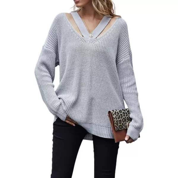 CHARTOU Women Sexy Cut Out V Neck Waffle Knit Sweater Tops Long Sleeve Oversized Sweater Pullover