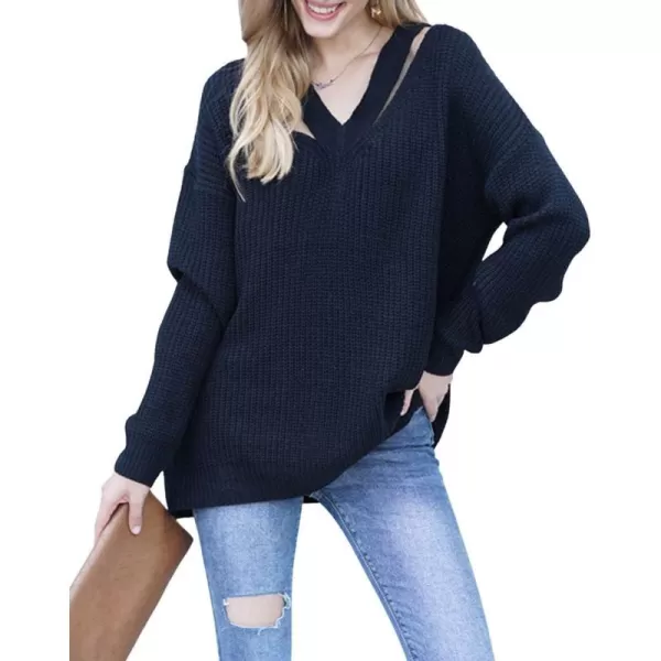 CHARTOU Women Sexy Cut Out V Neck Waffle Knit Sweater Tops Long Sleeve Oversized Sweater Pullover