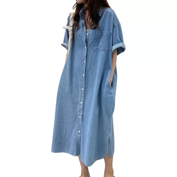 CHARTOU Women Short Sleeve Collared Denim Shirt Dress for Women Button Down Denim Jean Long Shirt Dress
