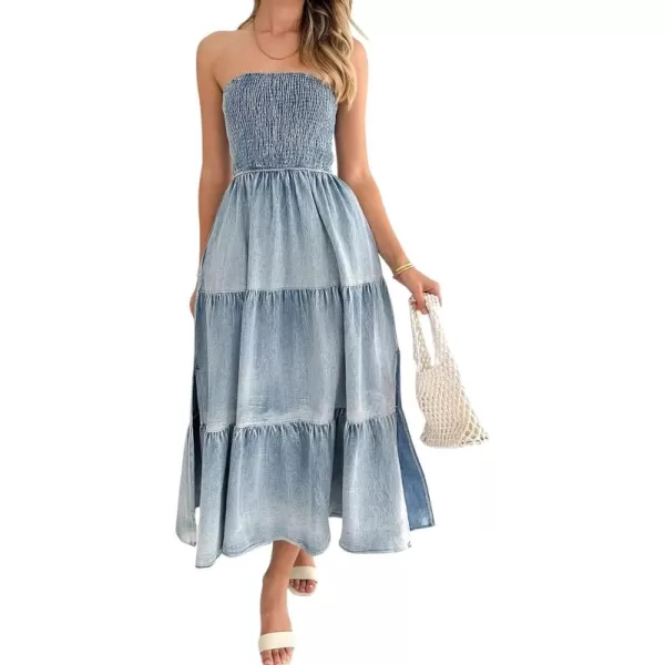 CHARTOU Women Smocked Denim Dress Strapless Maxi Dress Denim Tube Top Dress A Line Ruffle Tiered Bandeau Dress