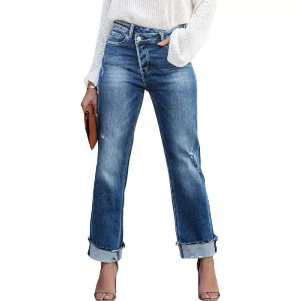 CHARTOU Women Straight Leg Jeans Boyfriend Denim Pants Casual Roll Up Ripped Jeans Distressed Mid Rise Jeans