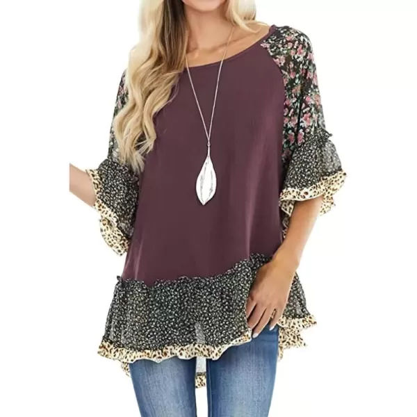 CHARTOU Women Summer Casual 3/4 Bell Sleeve Floral Print Blouse Shirt Flowy Tunic Top