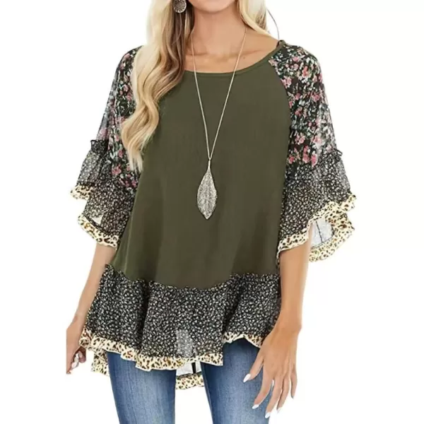 CHARTOU Women Summer Casual 3/4 Bell Sleeve Floral Print Blouse Shirt Flowy Tunic Top