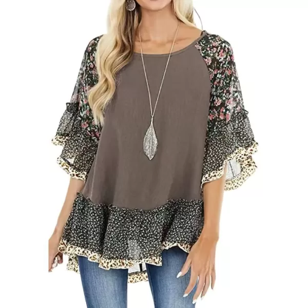CHARTOU Women Summer Casual 3/4 Bell Sleeve Floral Print Blouse Shirt Flowy Tunic Top