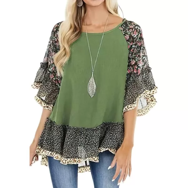 CHARTOU Women Summer Casual 3/4 Bell Sleeve Floral Print Blouse Shirt Flowy Tunic Top