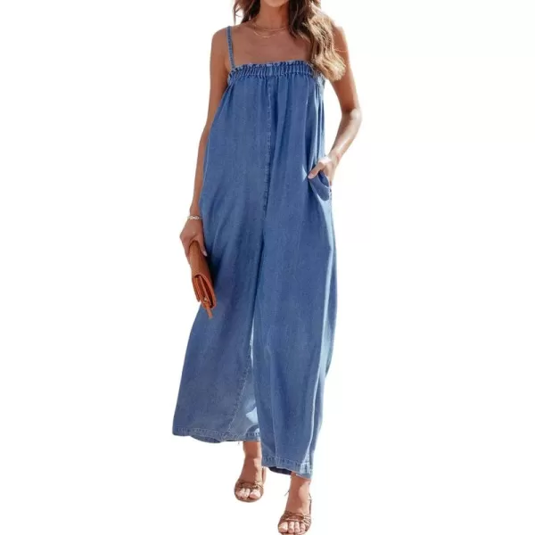 CHARTOU Women Summer Denim Jumpsuit Wide Leg Overall Spaghetti Strap Sleeveless Jean Jumpsuit Long Romper with Pocket