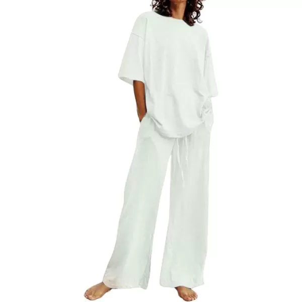 CHARTOU Women Summer Two Piece Outfits Loose Short Sleeve T Shirt Tees Elastic Waist Wide Leg Long Pants Set