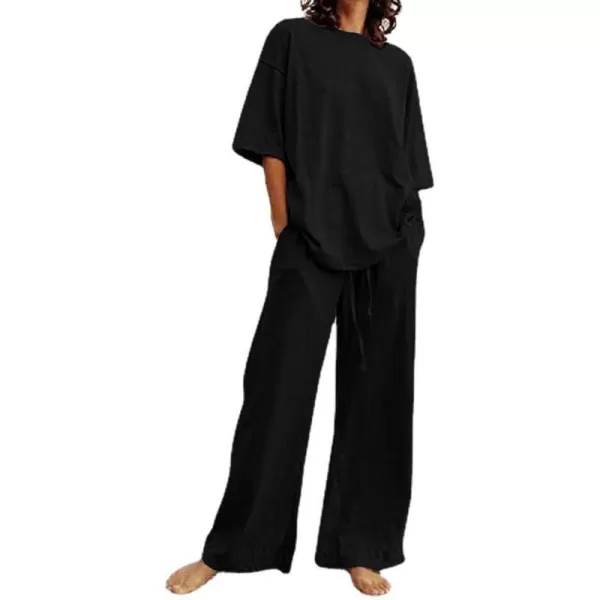 CHARTOU Women Summer Two Piece Outfits Loose Short Sleeve T Shirt Tees Elastic Waist Wide Leg Long Pants Set