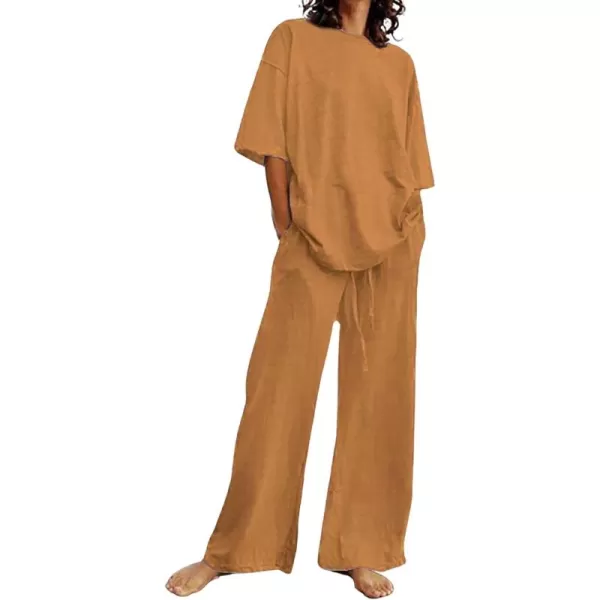 CHARTOU Women Summer Two Piece Outfits Loose Short Sleeve T Shirt Tees Elastic Waist Wide Leg Long Pants Set