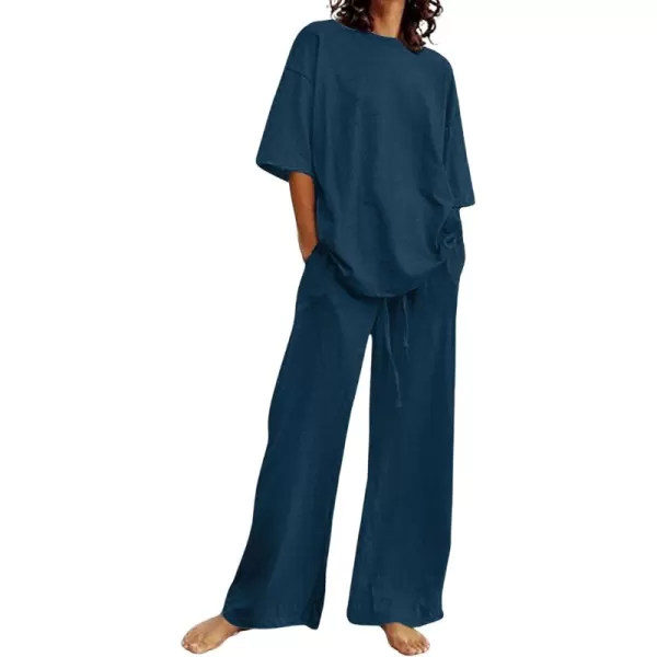 CHARTOU Women Summer Two Piece Outfits Loose Short Sleeve T Shirt Tees Elastic Waist Wide Leg Long Pants Set