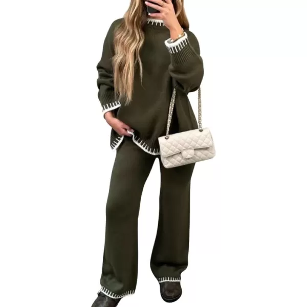 CHARTOU Women Two Piece Knit Sweater Set Embroidery Wide Leg Sweatpants Loungewear Set 2 Piece Knit Winter Outfit
