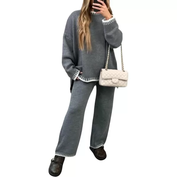 CHARTOU Women Two Piece Knit Sweater Set Embroidery Wide Leg Sweatpants Loungewear Set 2 Piece Knit Winter Outfit