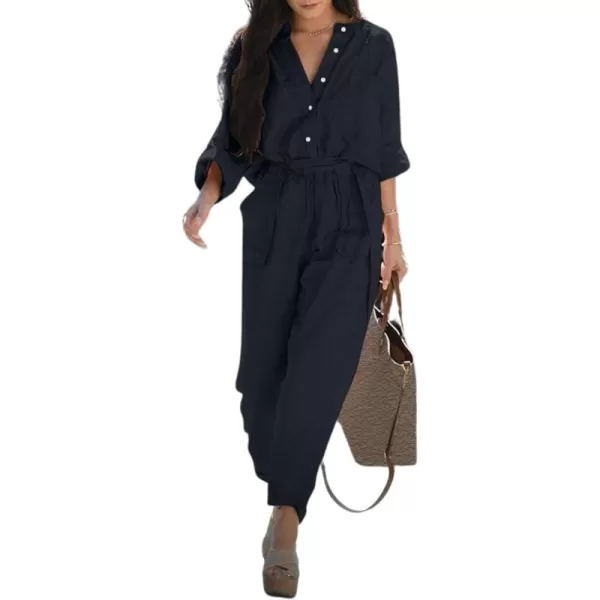CHARTOU Women's Casual Cotton Linen Button Down V-Neck Belted Work Jumpsuits Rompers
