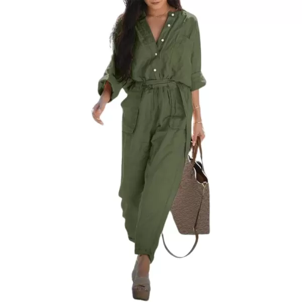 CHARTOU Women's Casual Cotton Linen Button Down V-Neck Belted Work Jumpsuits Rompers