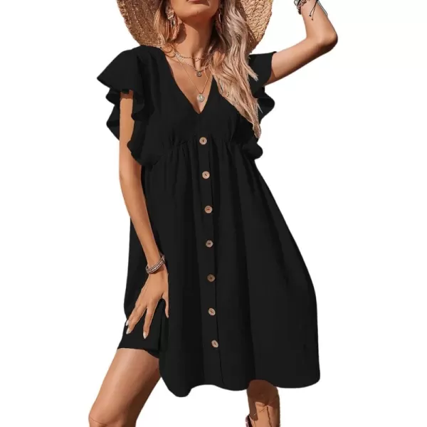 CHARTOU Women's Casual Plunging V Neck Flutter Sleeve Button Front A-Line Mini Babydoll T-Shirt Dress