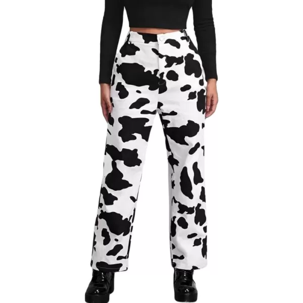 CHARTOU Women's Chic High Rise Straight Leg Bootcut Cow Print Denim Pants Jeans