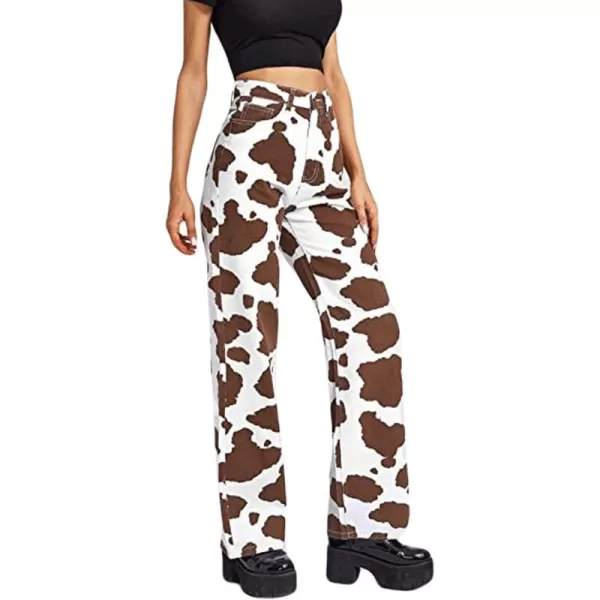 CHARTOU Women's Chic High Rise Straight Leg Bootcut Cow Print Denim Pants Jeans