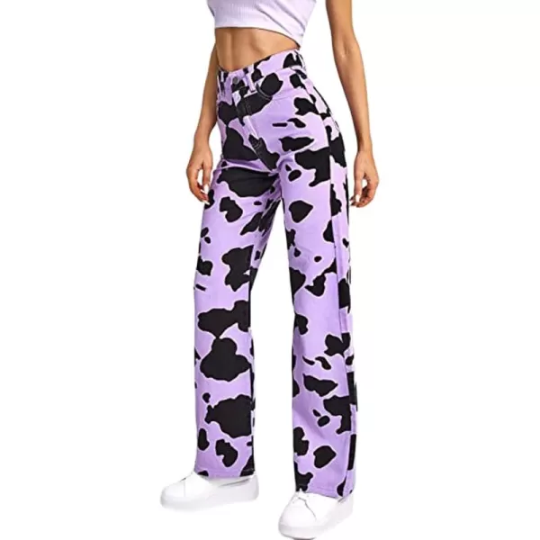 CHARTOU Women's Chic High Rise Straight Leg Bootcut Cow Print Denim Pants Jeans
