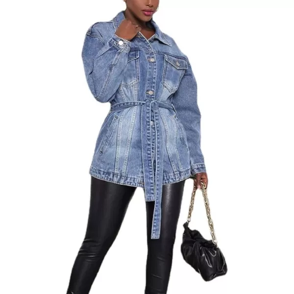 CHARTOU Women's Chic Lapel Collar Belted Button Down Washed Midi Denim Jacket Tops