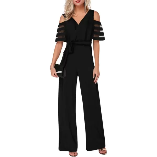 CHARTOU Women's Chiffon Wrap V Neck Summer Jumpsuit Mesh Cutout Wide Leg Pants Romper