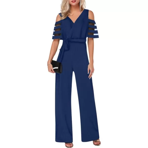 CHARTOU Women's Chiffon Wrap V Neck Summer Jumpsuit Mesh Cutout Wide Leg Pants Romper