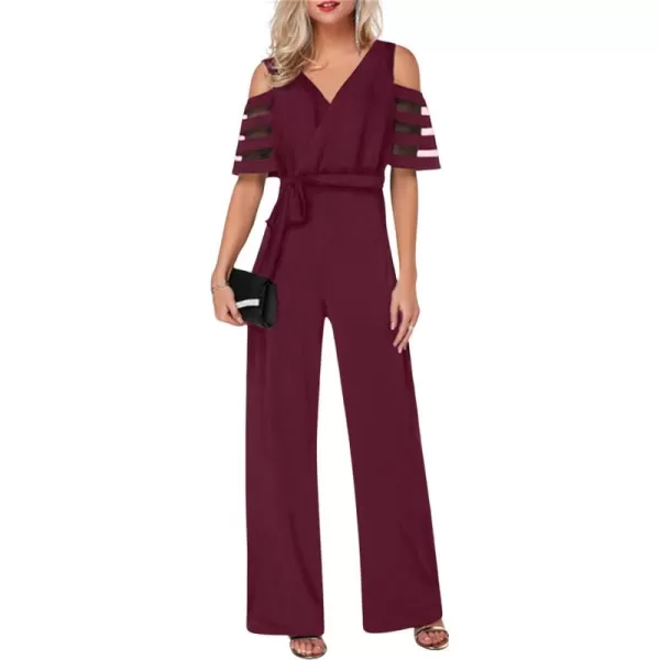 CHARTOU Women's Chiffon Wrap V Neck Summer Jumpsuit Mesh Cutout Wide Leg Pants Romper