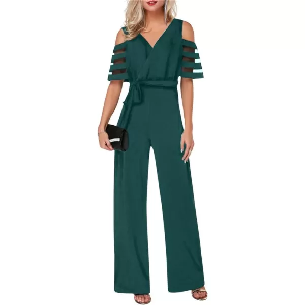 CHARTOU Women's Chiffon Wrap V Neck Summer Jumpsuit Mesh Cutout Wide Leg Pants Romper