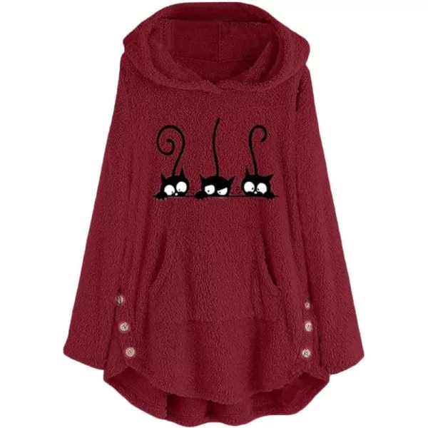 CHARTOU Women's Chunky Kitty Print Sherpa Fleece Hoodie Oversized Sweatshirt