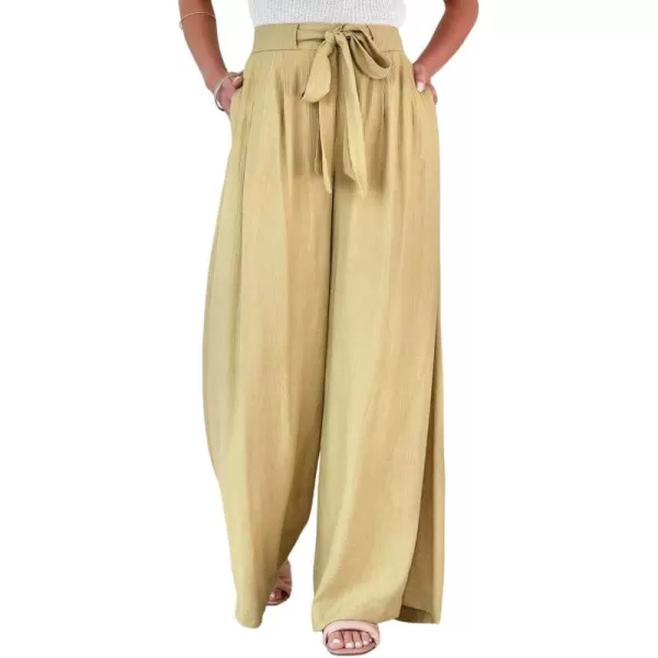 CHARTOU Women's Cotton Linen Loose Fit Palazzo Pants Casual High Waist Pleated Wide Leg Beach Pants with Pockets