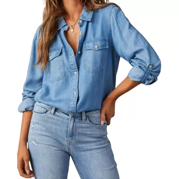CHARTOU Women's Denim Shirts Lightweight Lapel Roll Up Long Sleeves Button up Jean Shirts Blouse Top with Pockets