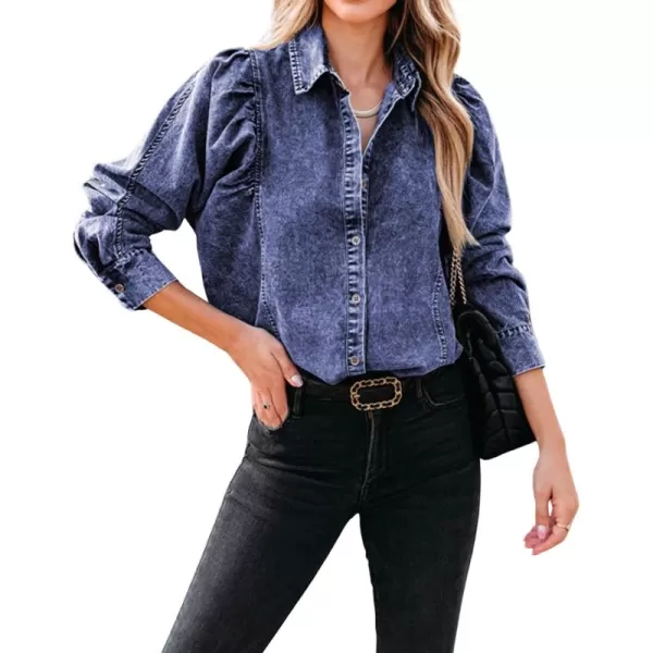 CHARTOU Women's Denim Shirts Vintage Collar Puff Long Sleeves Patchwork Button Down Jean Shirts Casual Blouse Top