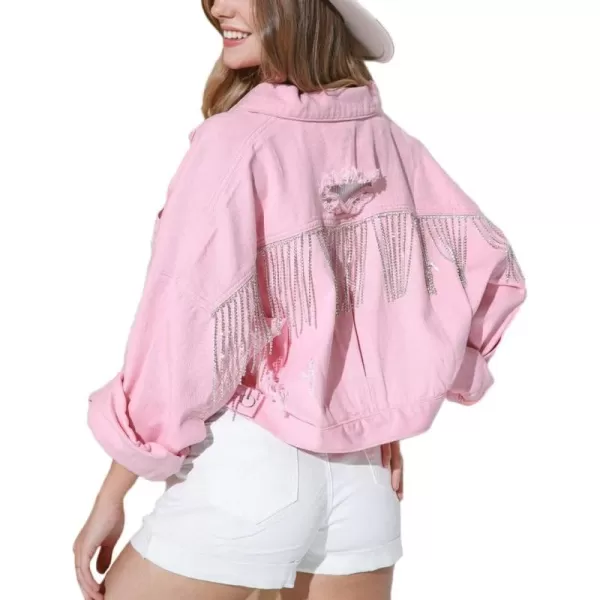 CHARTOU Women's Diamond Rodeo Rhinestone Denim Jacket Button Down Crop Fringe Jean Jacket