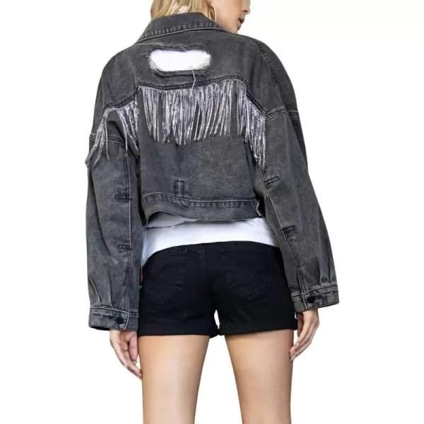 CHARTOU Women's Diamond Rodeo Rhinestone Denim Jacket Button Down Crop Fringe Jean Jacket