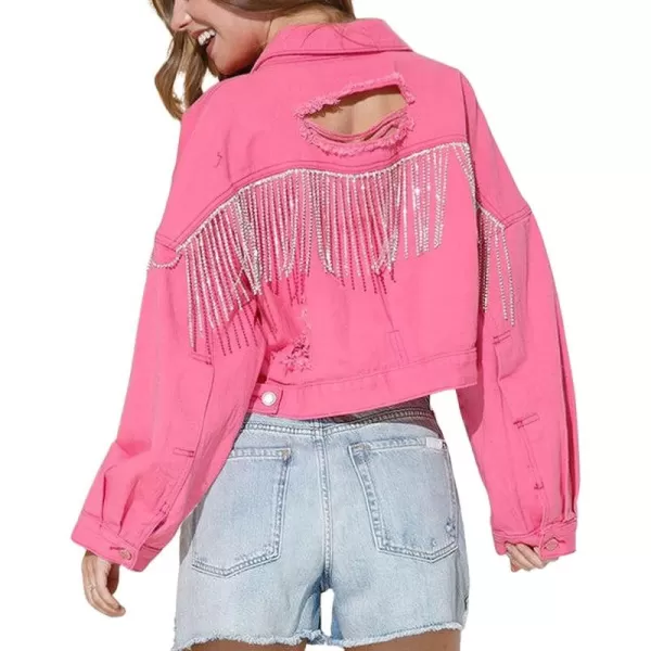 CHARTOU Women's Diamond Rodeo Rhinestone Denim Jacket Button Down Crop Fringe Jean Jacket